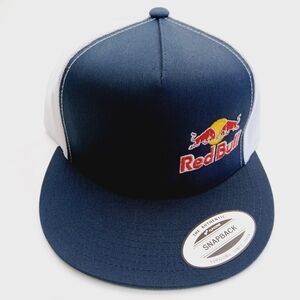 Blue and White Mesh Flatbill Snapback Red Bull Embroidered Logo Hat